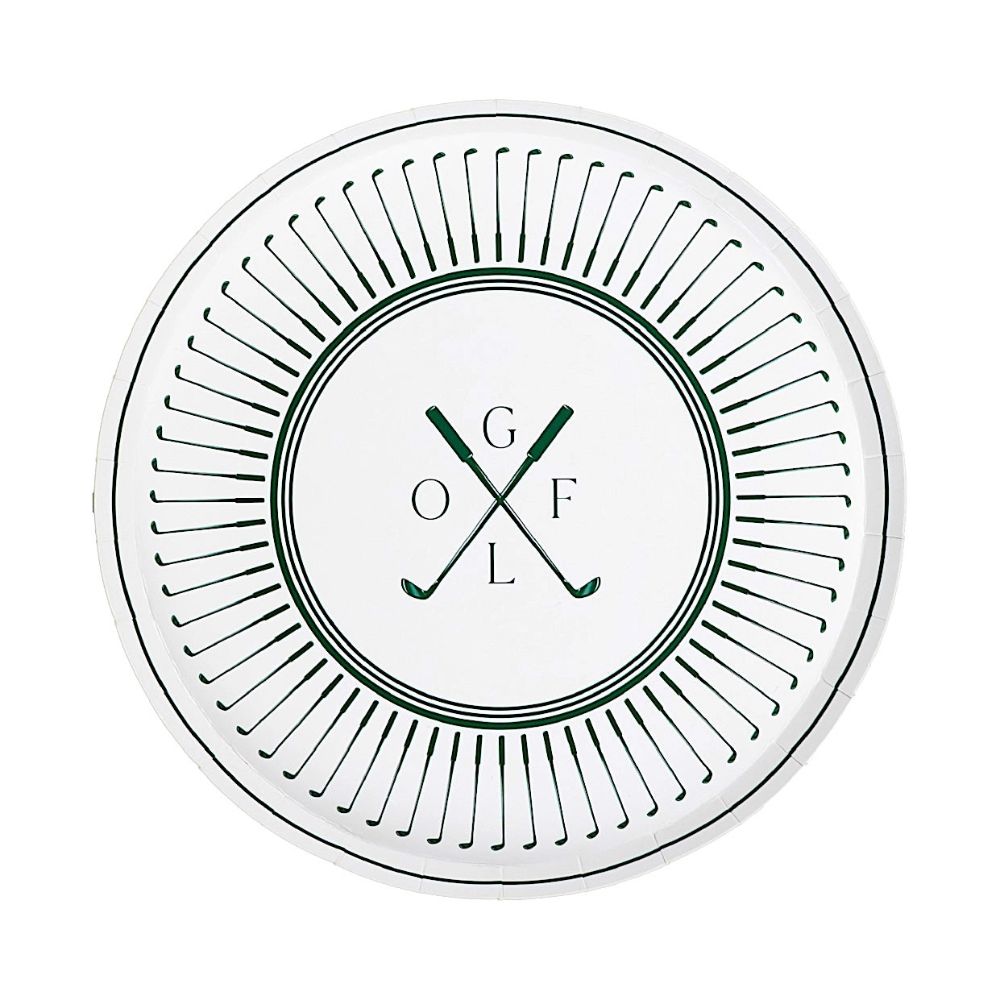 Golf dessert plate with crossed clubs and green club pattern border