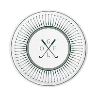 Golf dessert plate with crossed clubs and green club pattern border