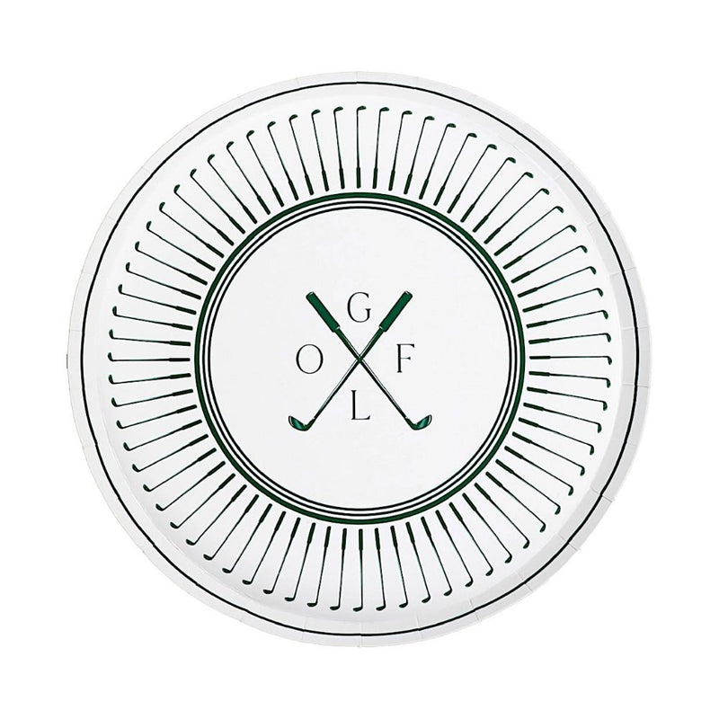 Golf dessert plate with crossed clubs and green club pattern border
