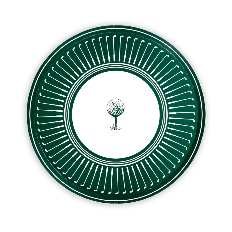 A crisp, high-resolution top view of the golf party dinner plate with a clean white center and a classic golf ball graphic, perfect for sports event planning.