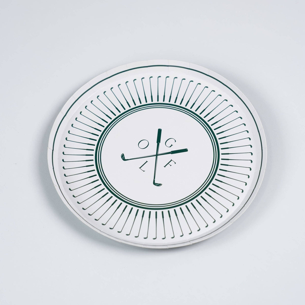 Golf dessert plate with GOLF crossed club design on white background