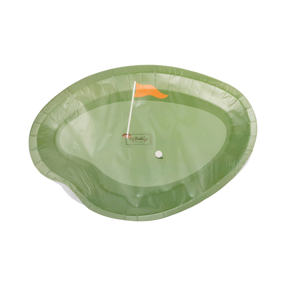 Green paper plate with a miniature golf course design featuring a flag and ball on a white background.