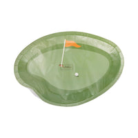 Green paper plate with a miniature golf course design featuring a flag and ball on a white background.