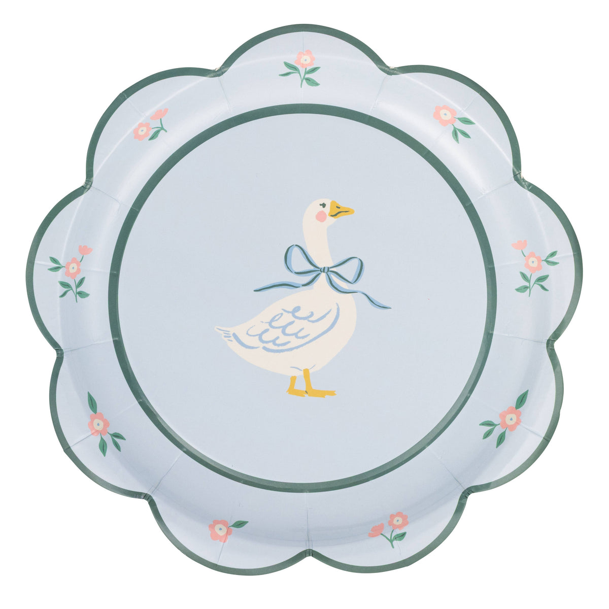 Goose dessert plate with scalloped edge and pastel floral border on white background