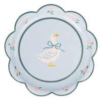 Goose dessert plate with scalloped edge and pastel floral border on white background