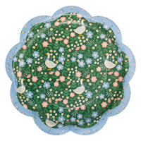 Goose floral scalloped paper plate with blue rim and spring flowers