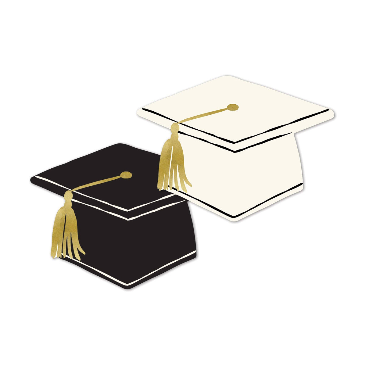 A pair of Grad Cap Shaped napkins in black and cream, each featuring a shimmering Gold Foil Tassel.