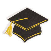 Close-up of graduation mortarboard shaped napkins with gold foil accents for graduation party drinks and appetizers