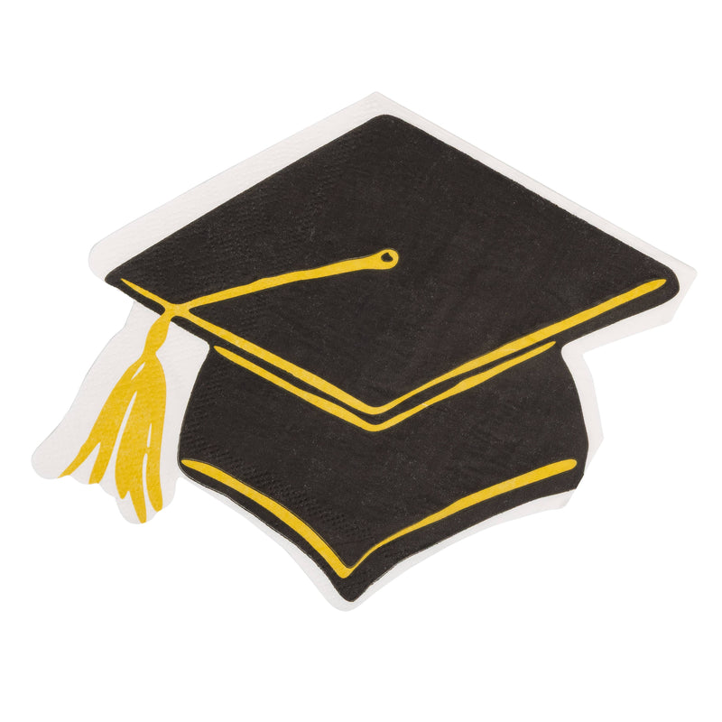 Close-up of graduation mortarboard shaped napkins with gold foil accents for graduation party drinks and appetizers