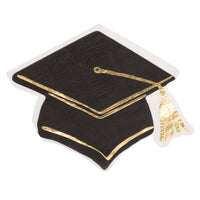 Graduation hat shaped cocktail napkins in black and cream with gold foil tassel detail for graduation party table decor