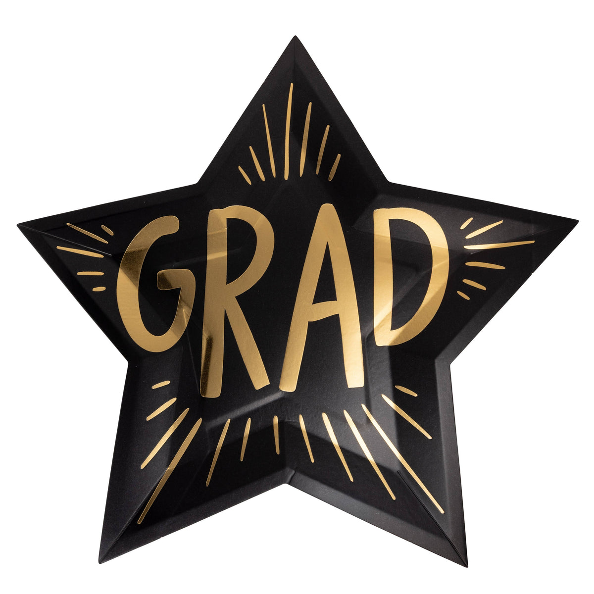 Black star-shaped graduation plate with gold GRAD lettering and starburst accents