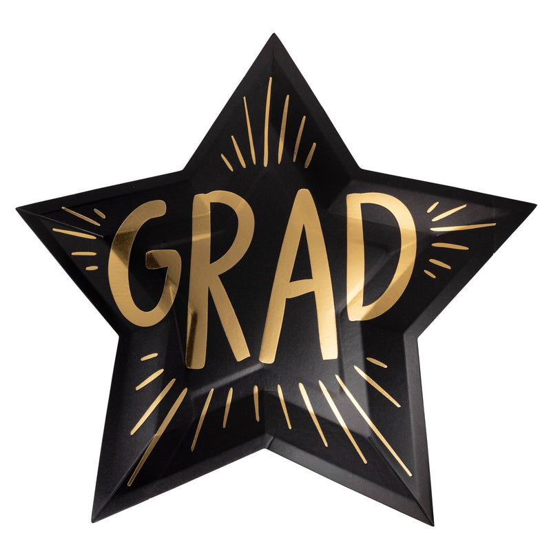 Black star-shaped graduation plate with gold GRAD lettering and starburst accents