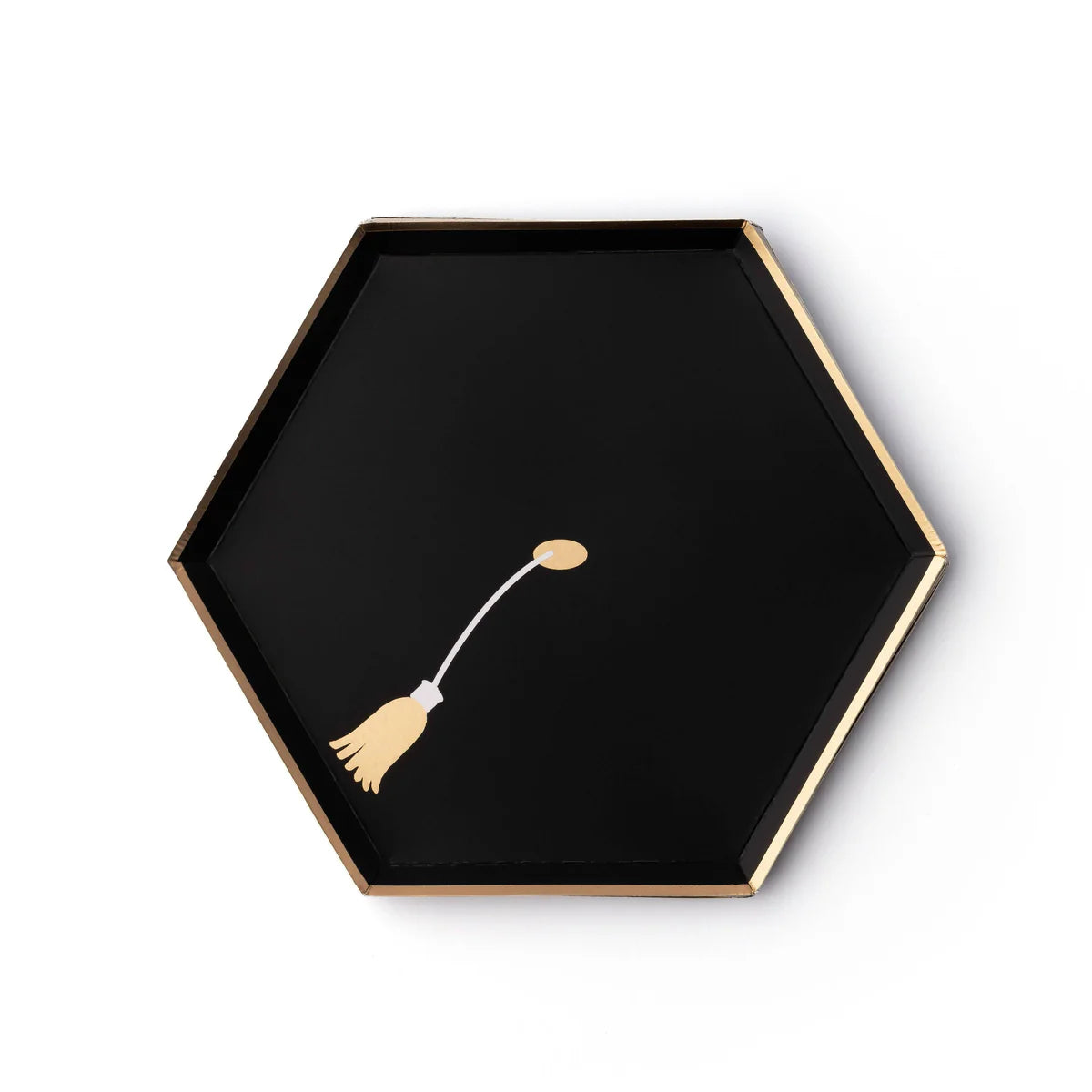Black hexagon graduation paper snack plate with gold foil tassel design on white background