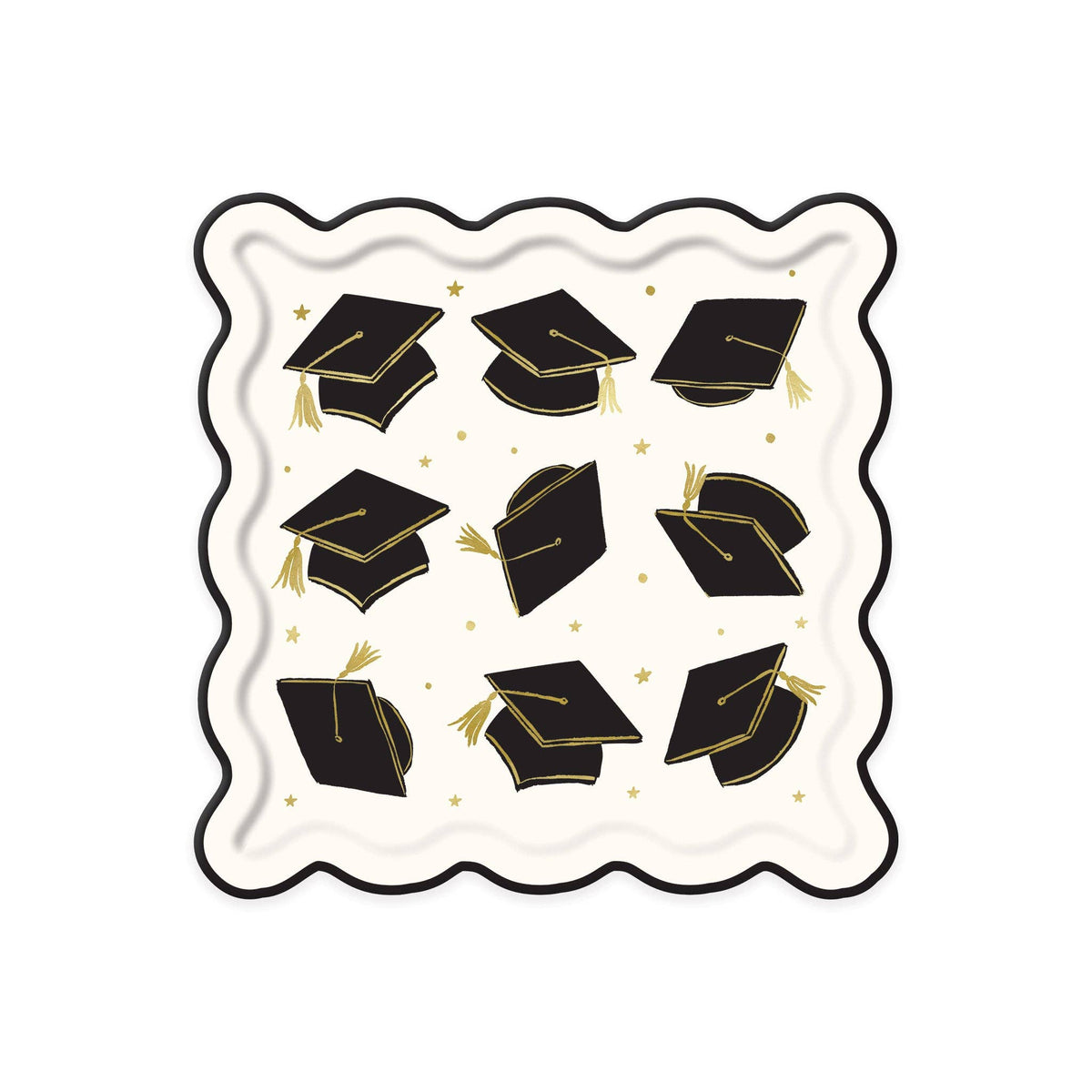 Graduation cap scatter paper plate with black mortarboards and gold foil details
