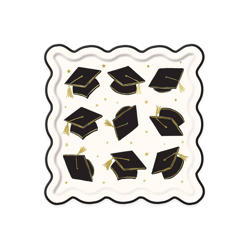 Graduation cap scatter paper plate with black mortarboards and gold foil details