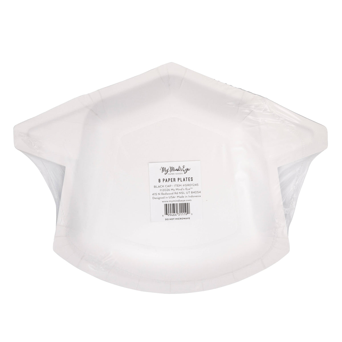 Back of graduation cap shaped paper plate packaging