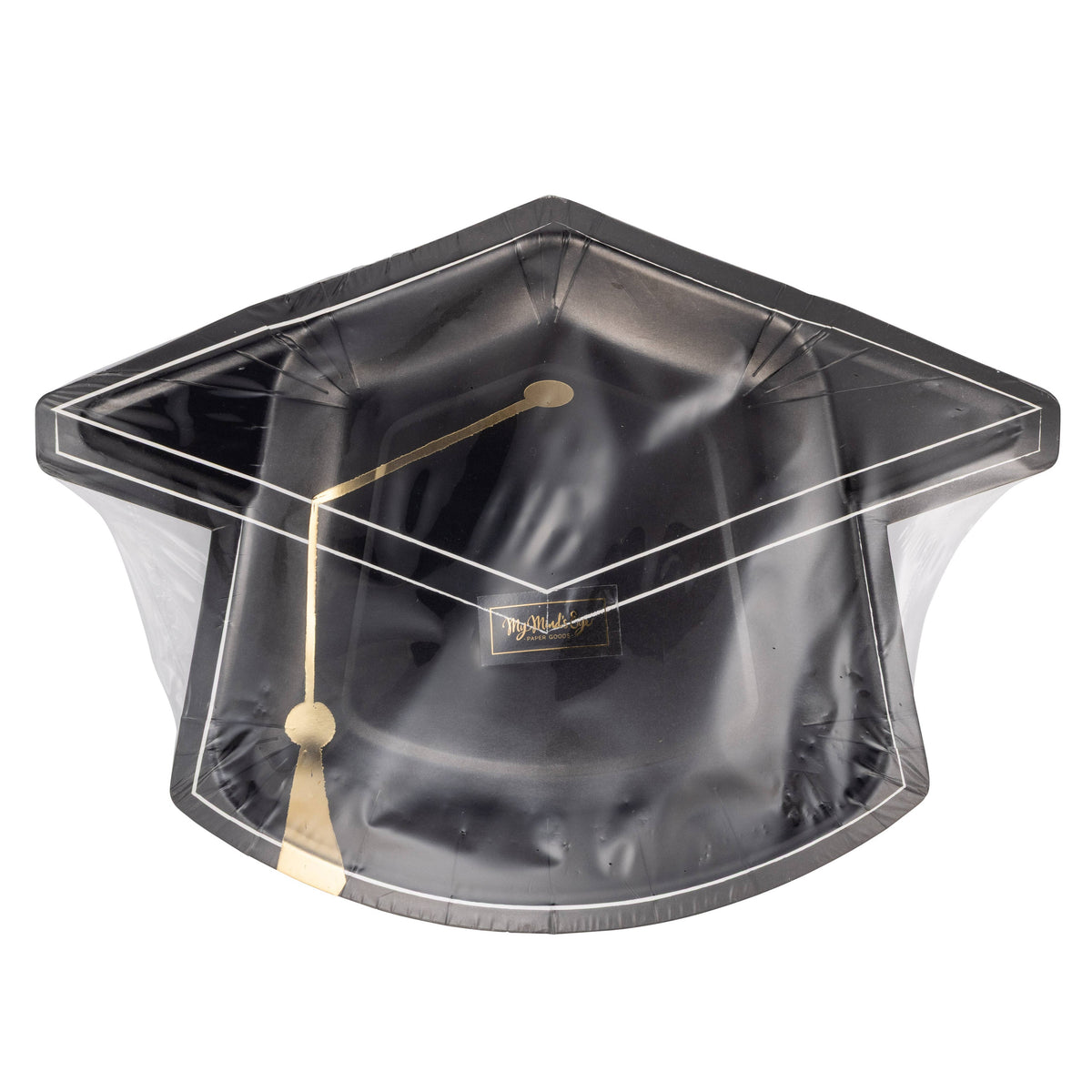 Graduation cap shaped plate in packaging with black and gold design
