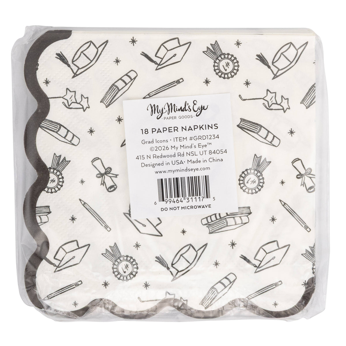 Back of packaged graduation cocktail napkins with black grad icon pattern