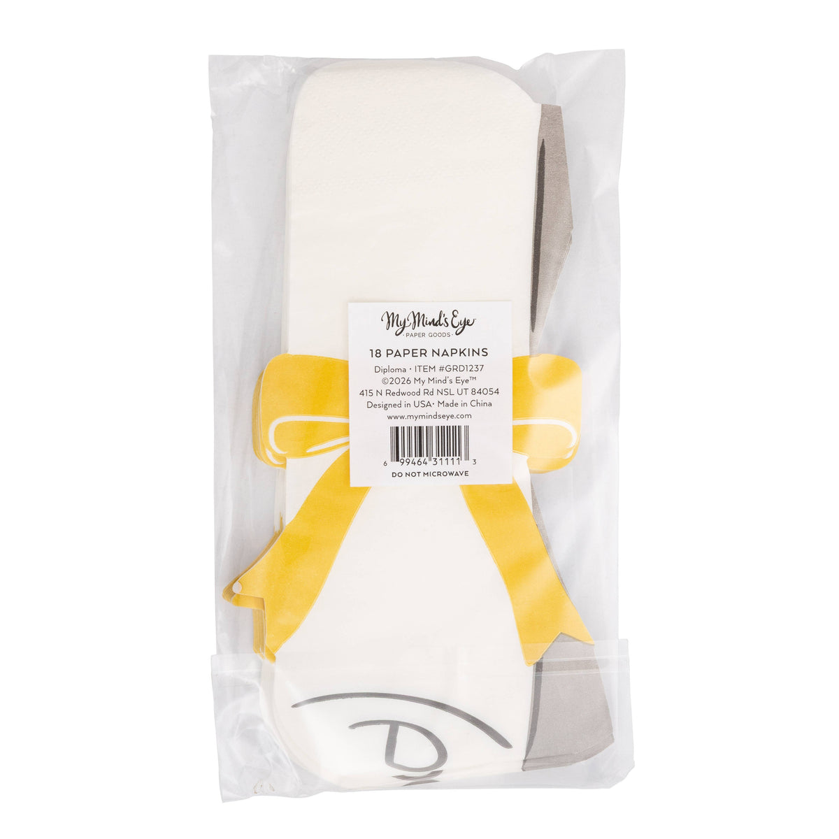 Back view of packaged graduation diploma napkins showing product label