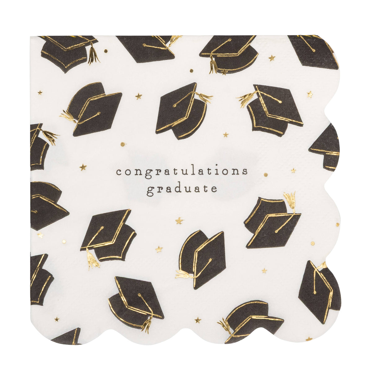 Graduation cocktail napkin with scattered black graduation caps and gold foil accents and “Congratulations Graduate” message