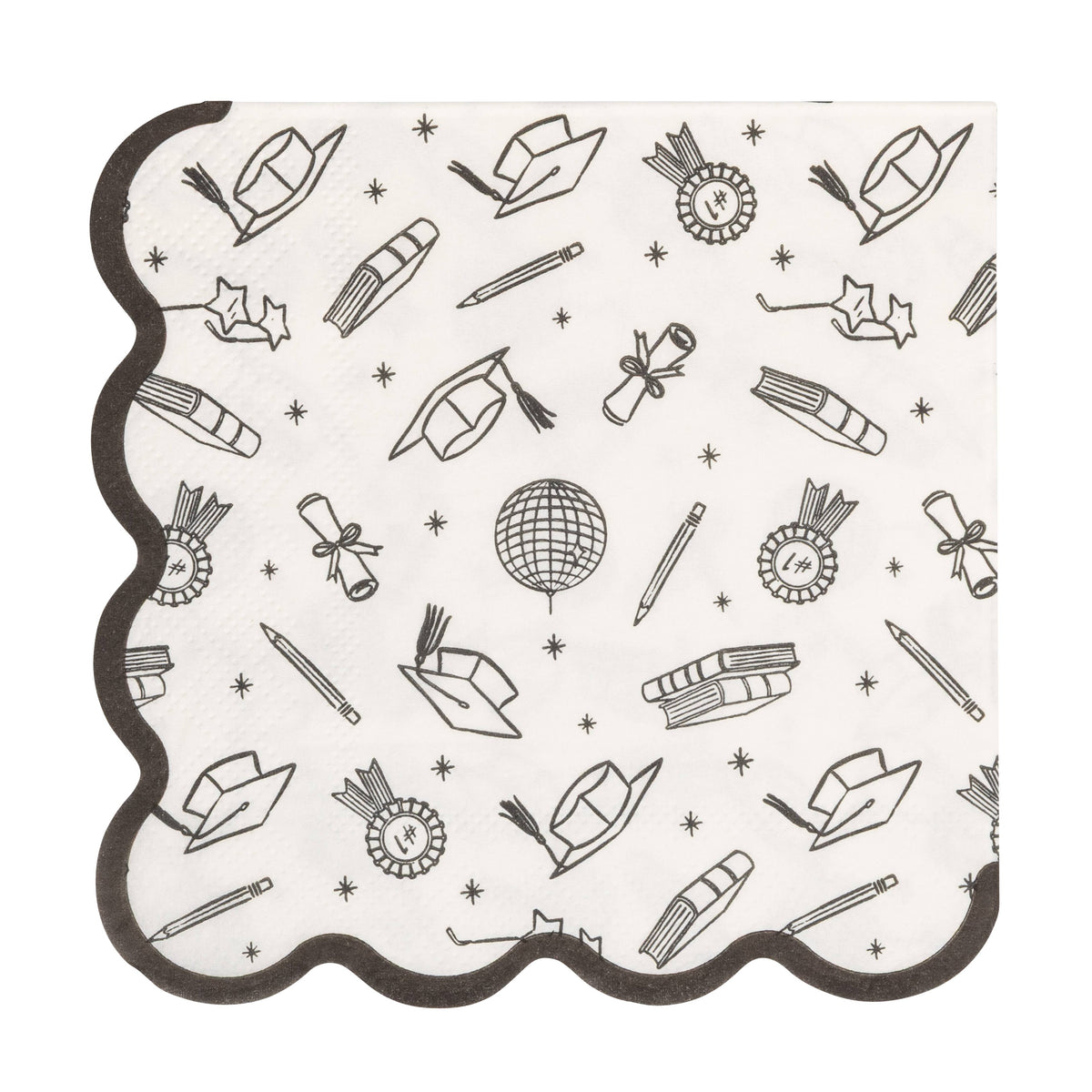 Graduation cocktail napkin with black border showing caps, diplomas, and ribbon icons