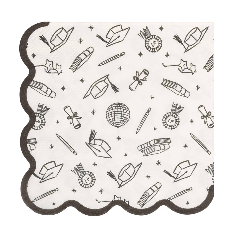 Graduation cocktail napkin with black border showing caps, diplomas, and ribbon icons