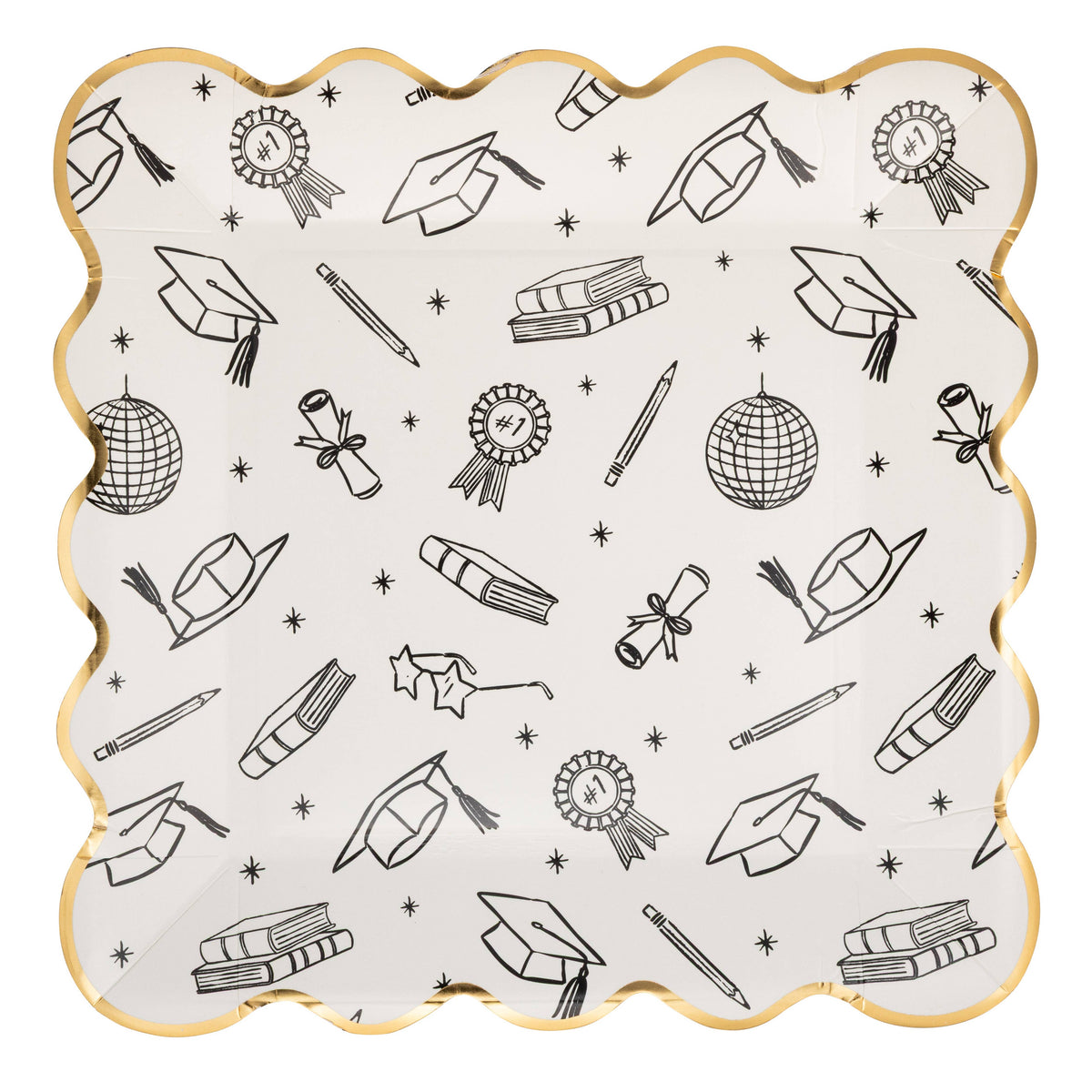 Graduation icon foil plate with black graduation symbols and gold scalloped edge