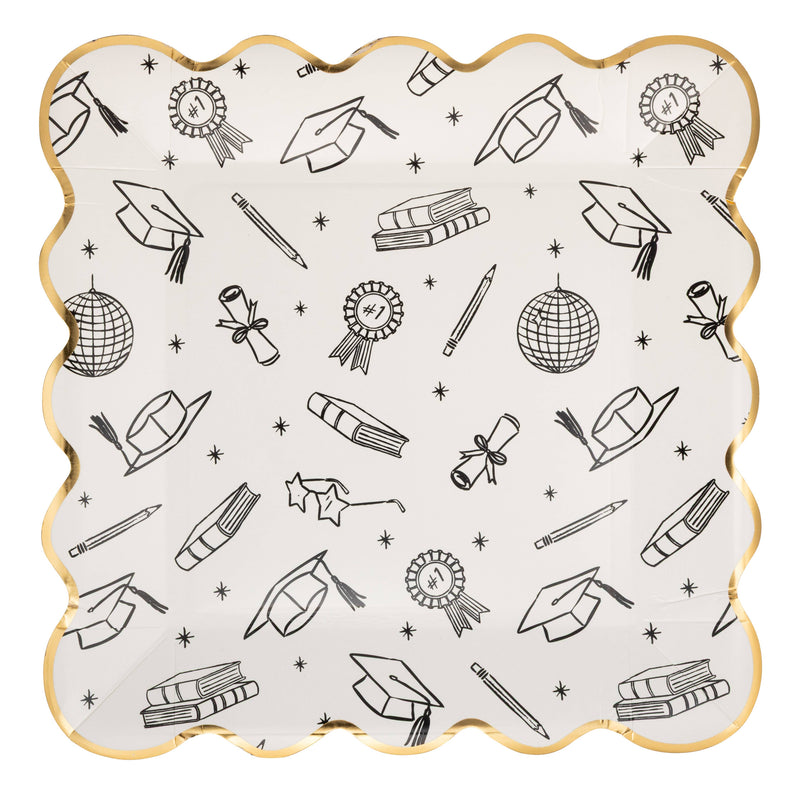Graduation icon foil plate with black graduation symbols and gold scalloped edge