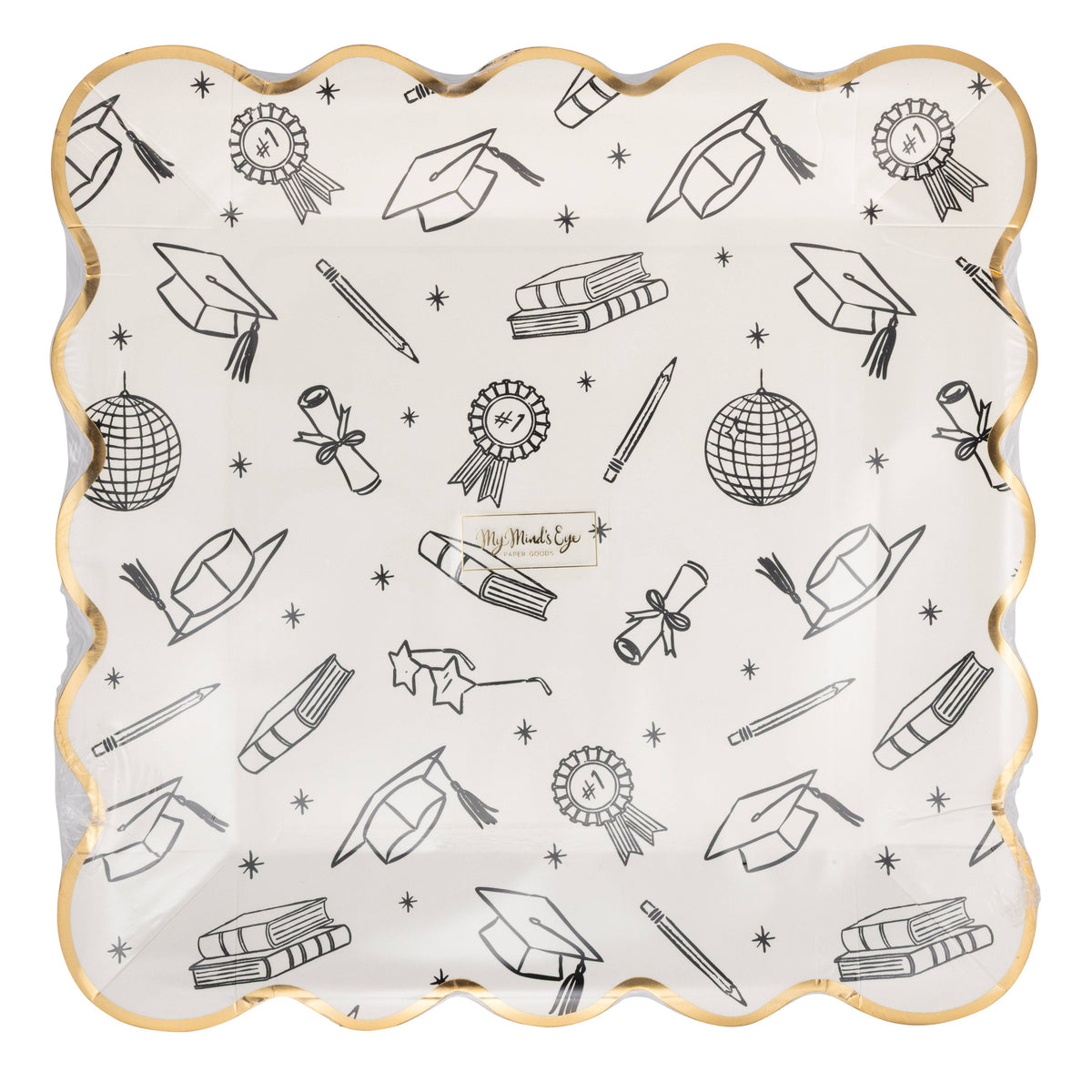 Graduation icon foil plate in packaging with black graduation icons and gold foil edge