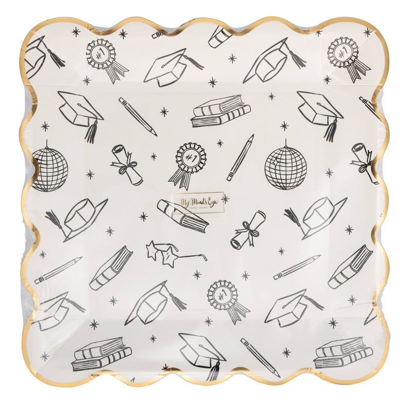 Graduation icon foil plate in packaging with black graduation icons and gold foil edge