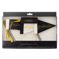 Graduation mini felt pennant set with hooray congrats and graduate flags in black cream and gold packaging
