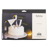 Back view of Graduation mini felt pennants cake topper set packaging with cake display photo