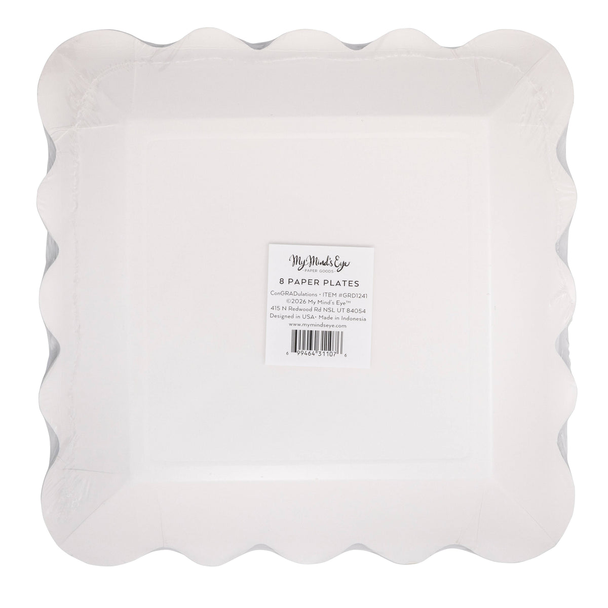 Back view of black graduation plate with scalloped edges and packaging label