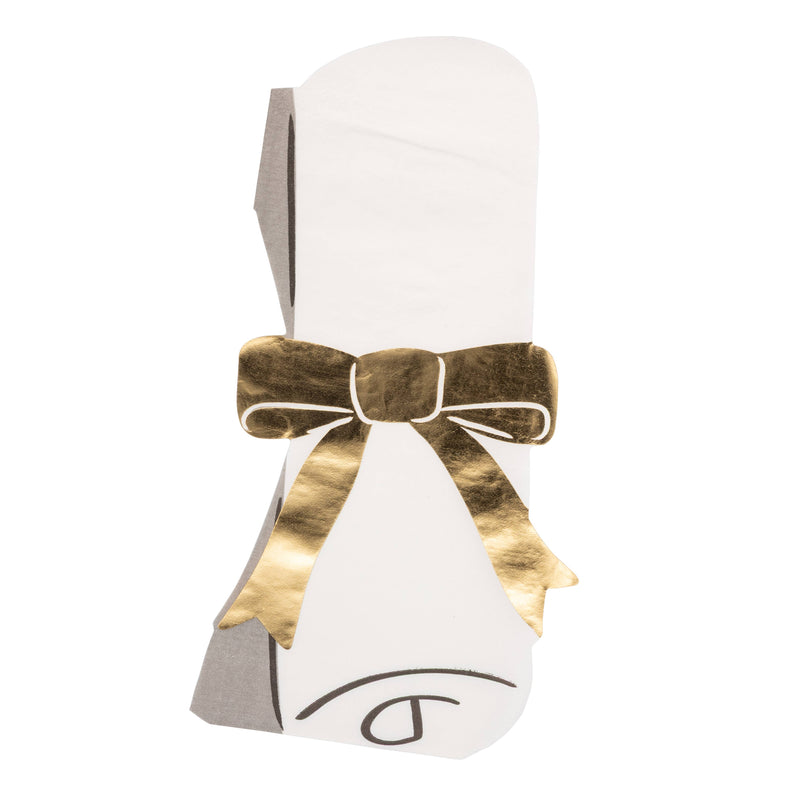 Graduation scroll-shaped napkin with gold foil bow detail on cream background
