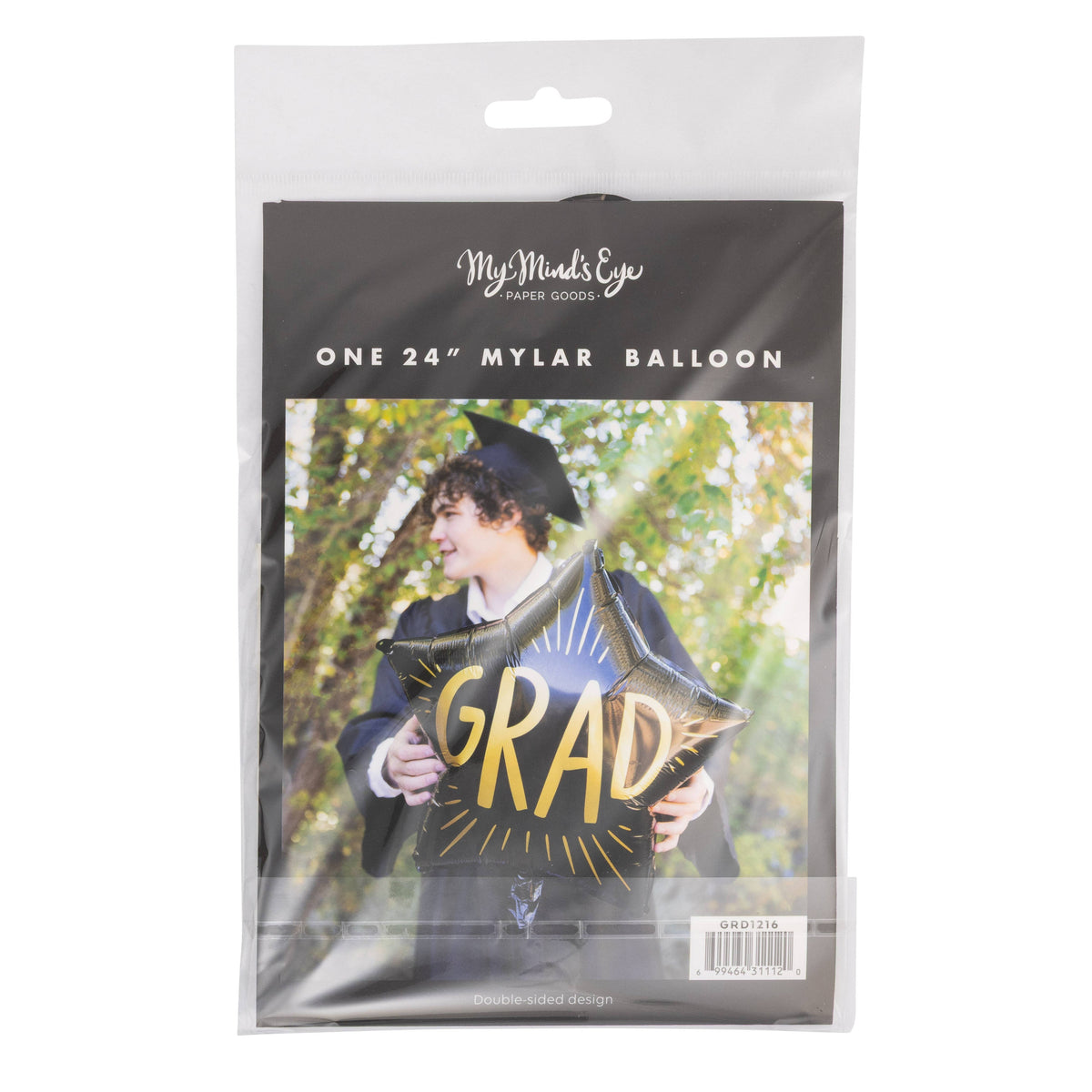 Grad star mylar balloon packaging showing black and gold graduation balloon
