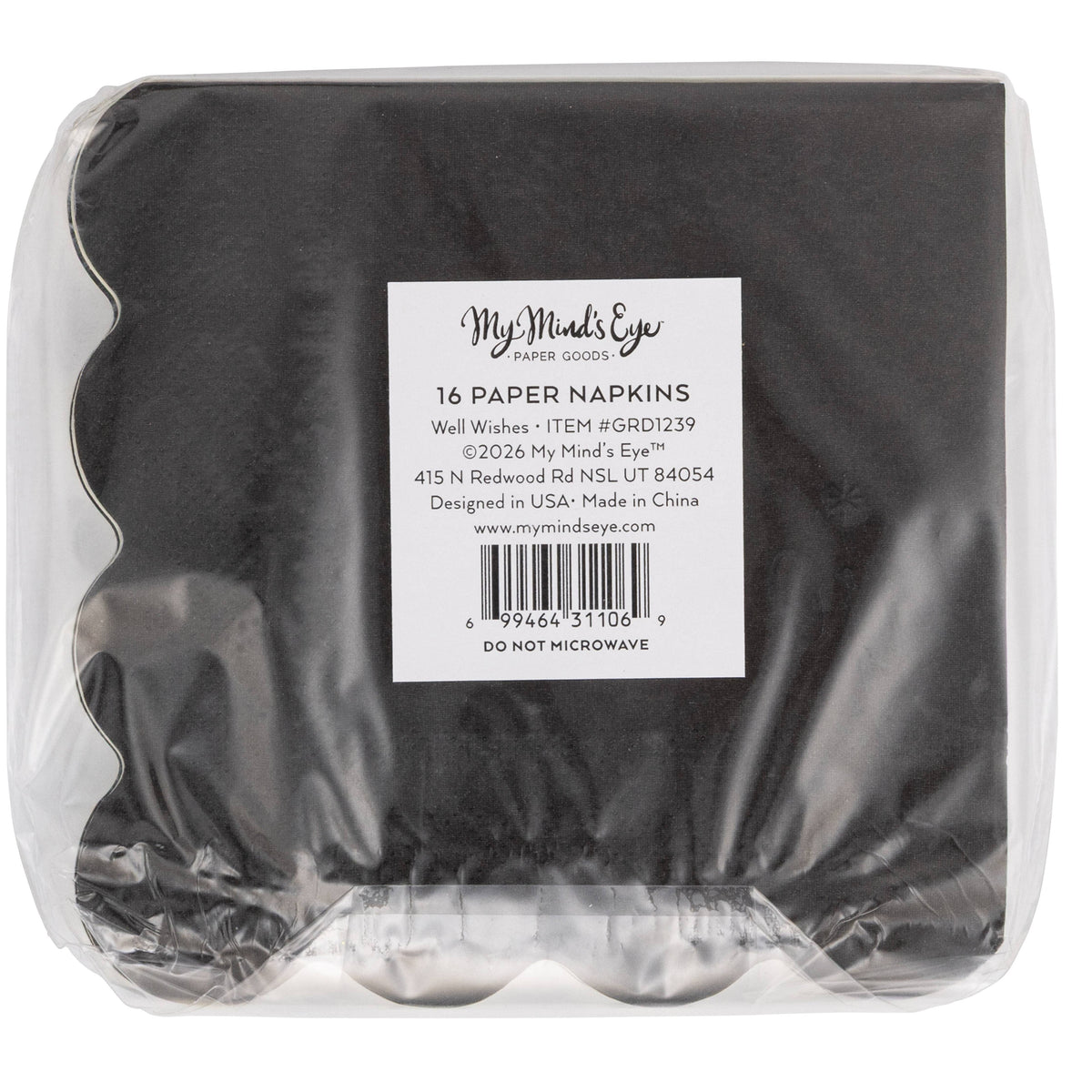 Back of package showing black napkins from the graduation well wishes cocktail napkin set