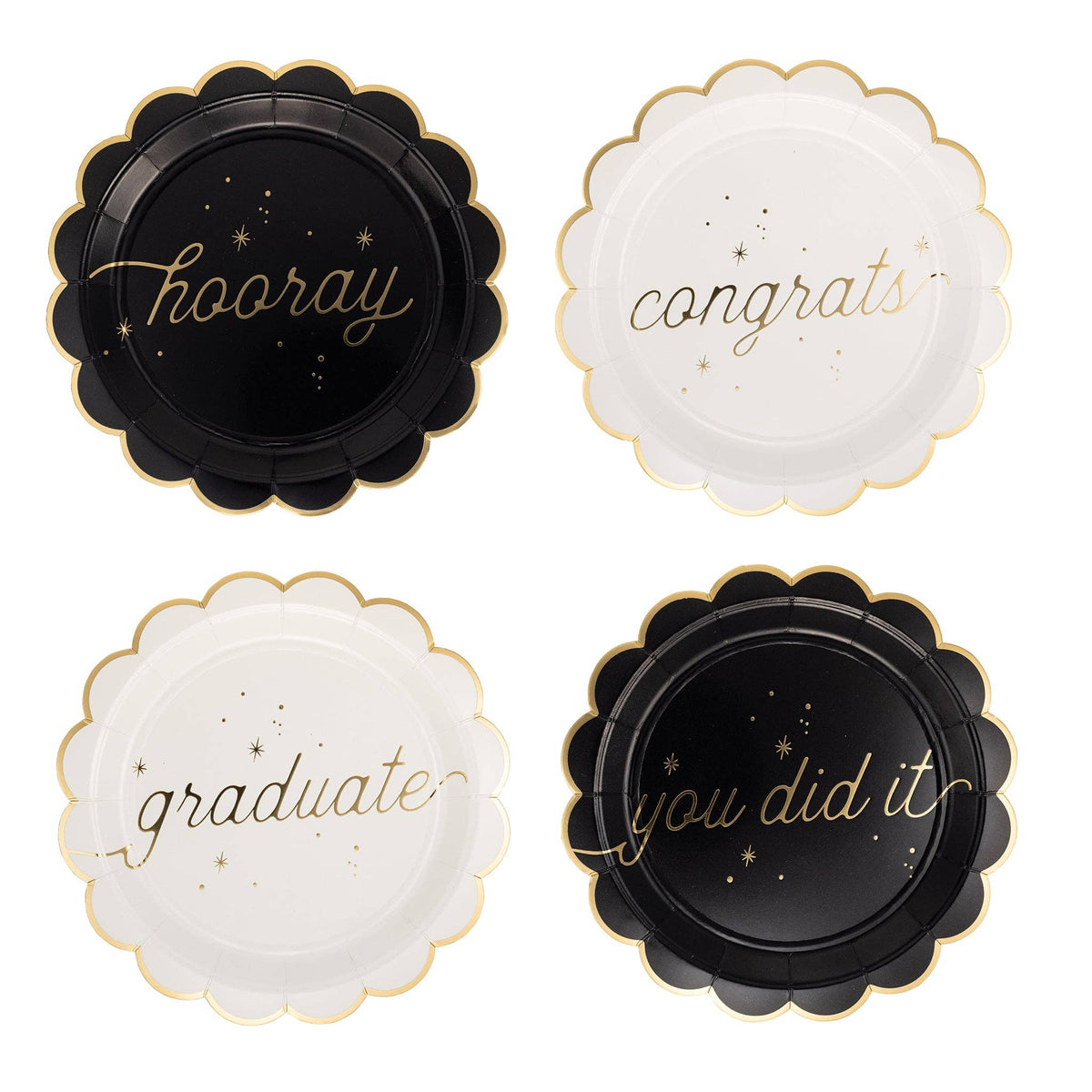 Graduation well wishes paper plates in black and cream with gold foil sayings including congrats, hooray, graduate, and you did it