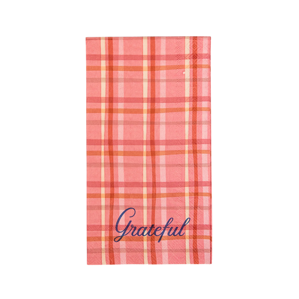 Single plaid “Grateful” guest towel, 4.25 x 7.75 inches, front view.