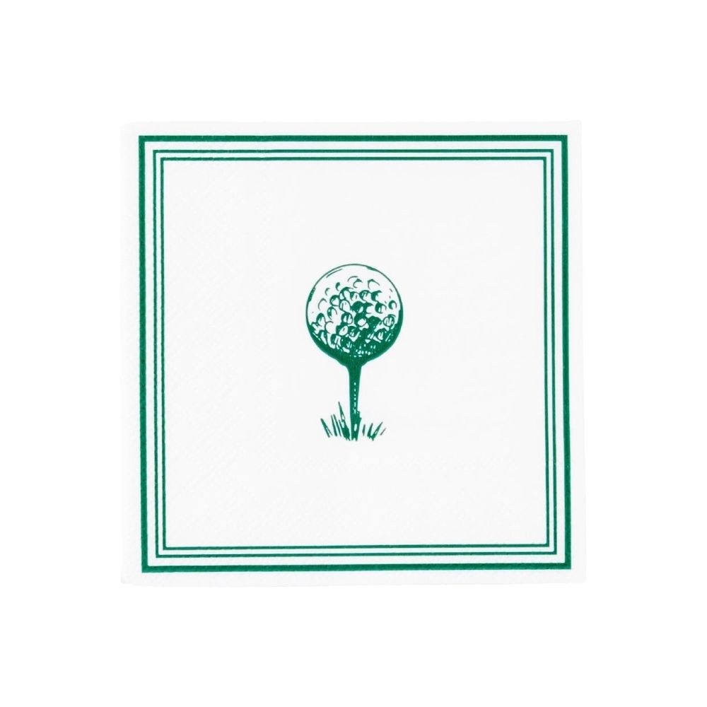 Green and white golf beverage napkin with golf ball on tee design flat lay