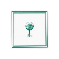 Green and white golf beverage napkin with golf ball on tee design flat lay