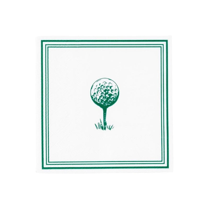 Green and white golf beverage napkin with golf ball on tee design flat lay