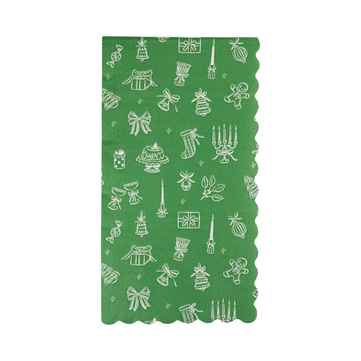 Green Christmas dinner napkin with a happy icon pattern and scalloped edges
