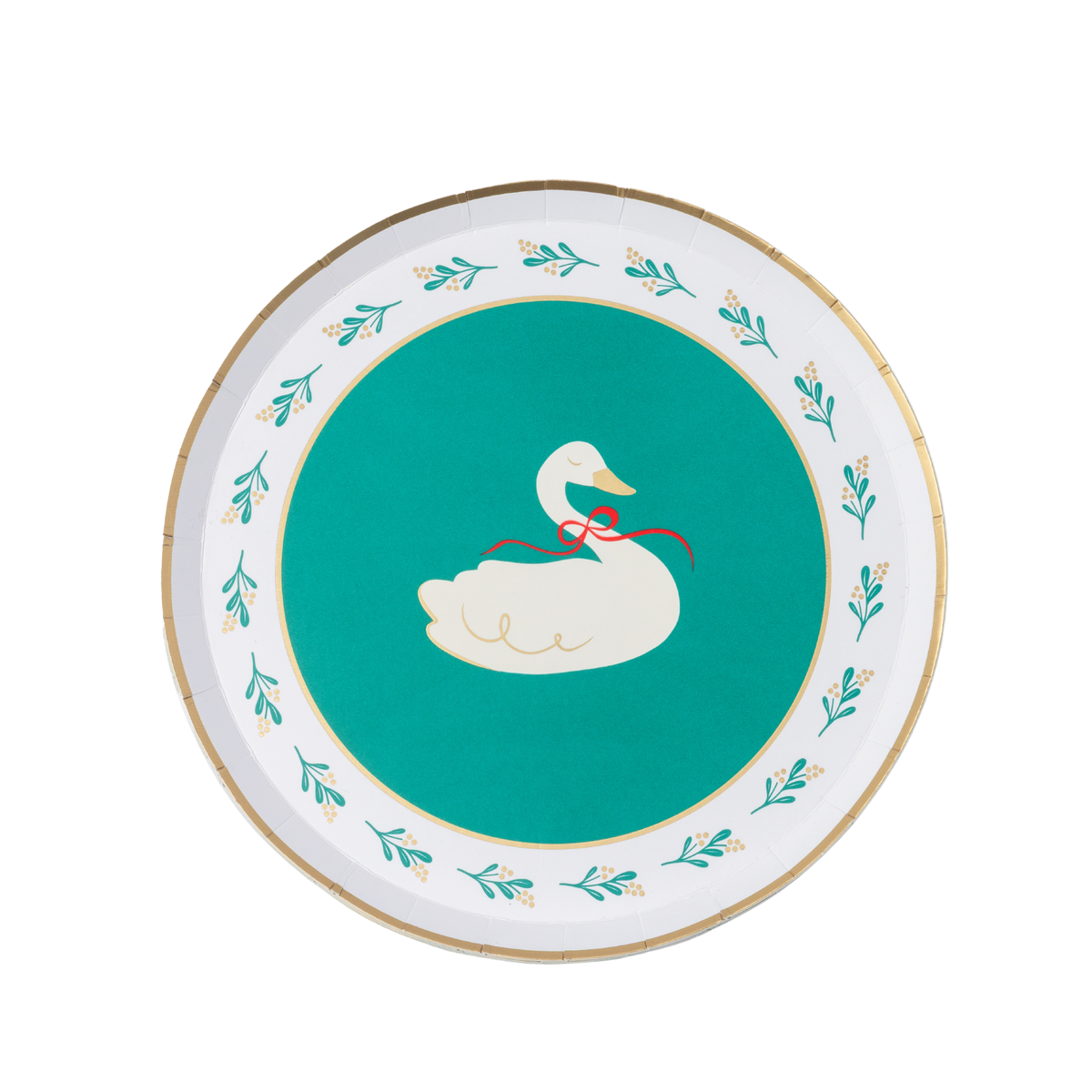 Green Christmas dessert plate with a white swan wearing a red bow in the center and a cream rim of green sprigs and holly, gold-trimmed edge, overhead view on white background.