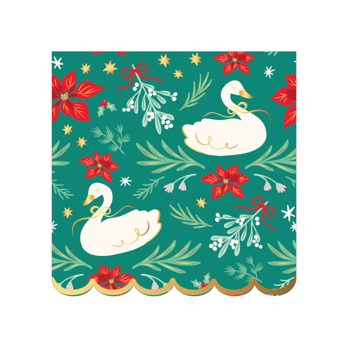 Green Christmas napkin with an all-over print of white swans, red poinsettias, mistletoe, and greenery on a green ground, finished with a gold scalloped edge, front view on white background.