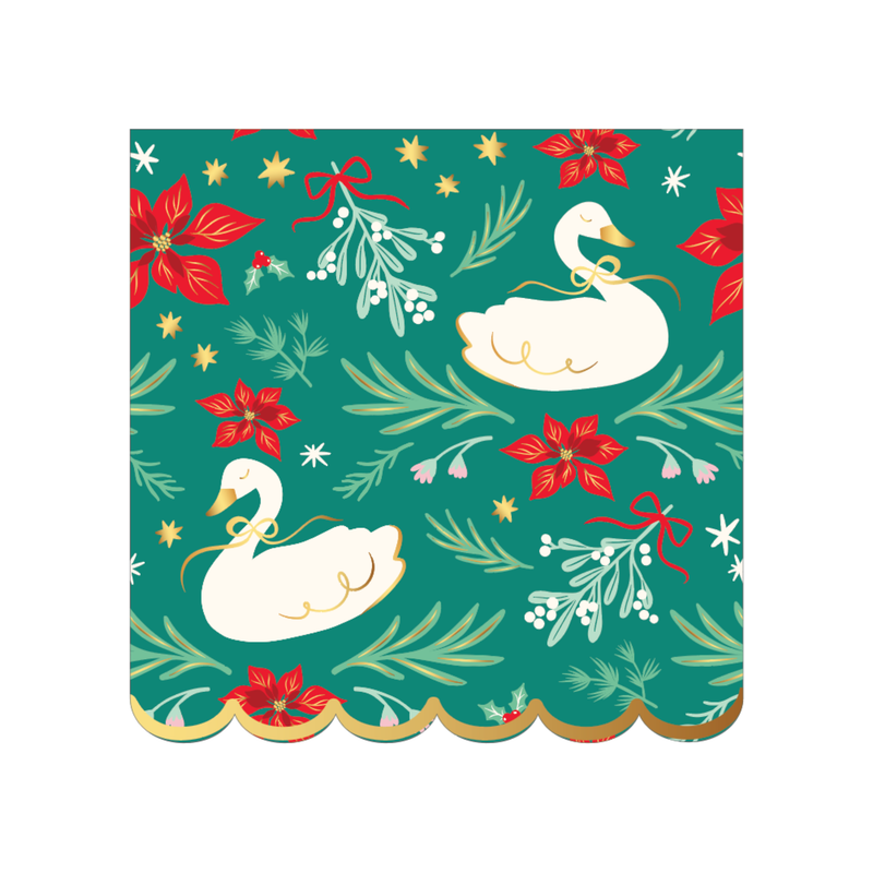 Green Christmas napkin with an all-over print of white swans, red poinsettias, mistletoe, and greenery on a green ground, finished with a gold scalloped edge, front view on white background.