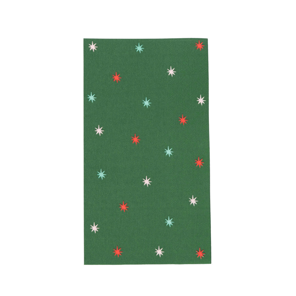 Green guest towel scattered with pink, red, and mint starbursts.