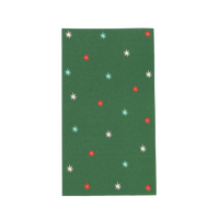 Green guest towel scattered with pink, red, and mint starbursts.