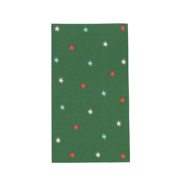 Green guest towel scattered with pink, red, and mint starbursts.