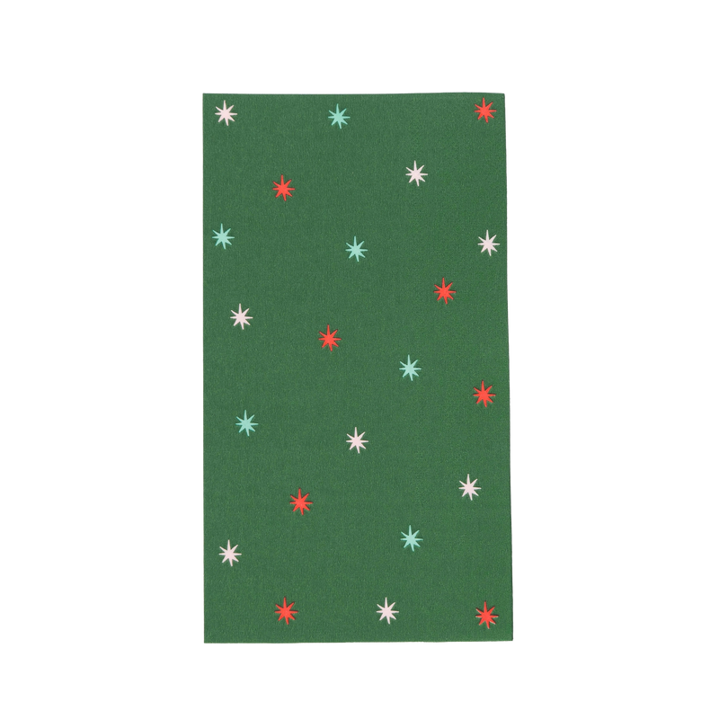 Green guest towel scattered with pink, red, and mint starbursts.