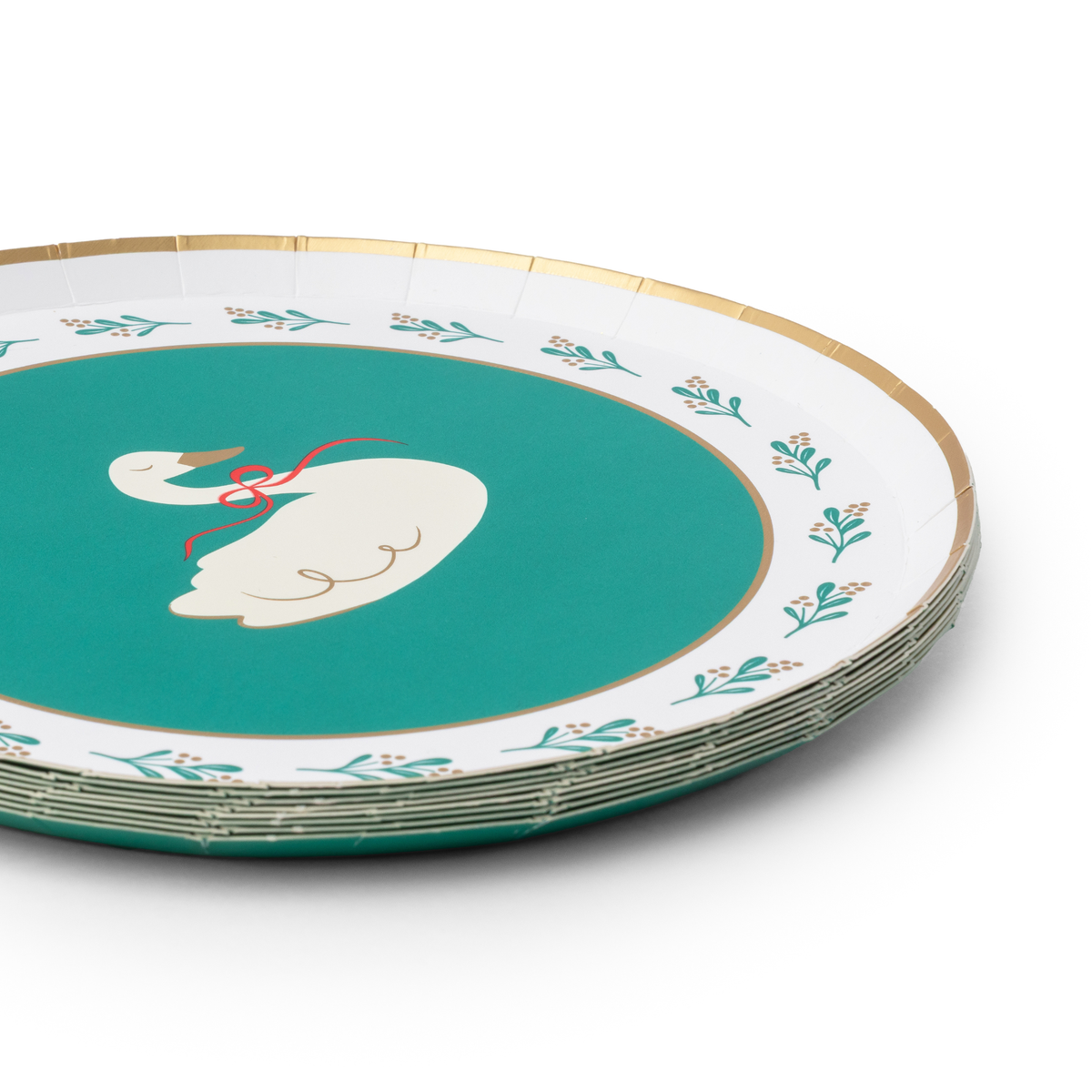 Stack of green swan Christmas paper dessert plates showing the gold-trimmed rim and swan design from an angle.